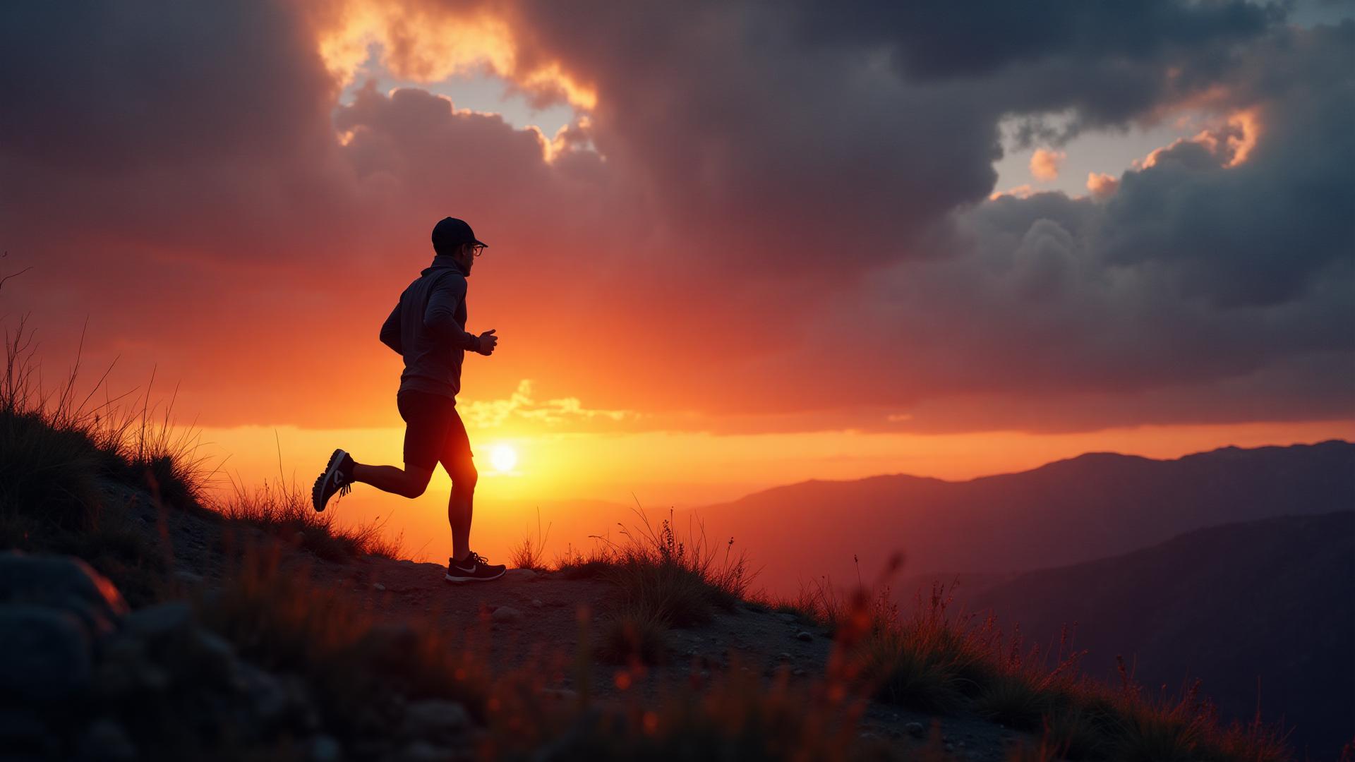 A runner silhouetted on a hilltop against the sky